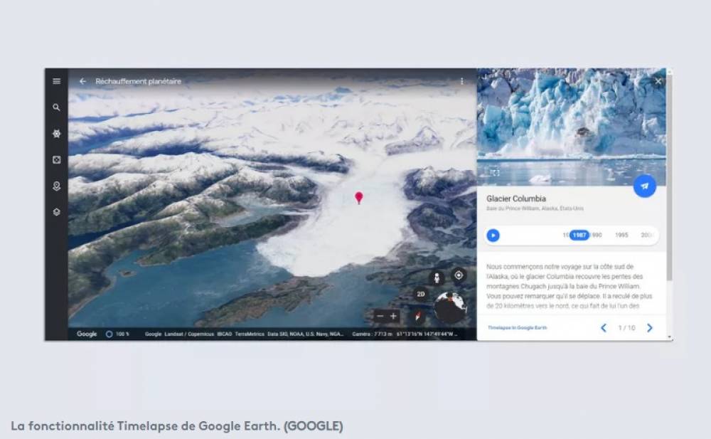 La fonction Timelapse de Google Earth permet de visualiser le rechauffement climatique en 3D : "L'abstrait devient concret"