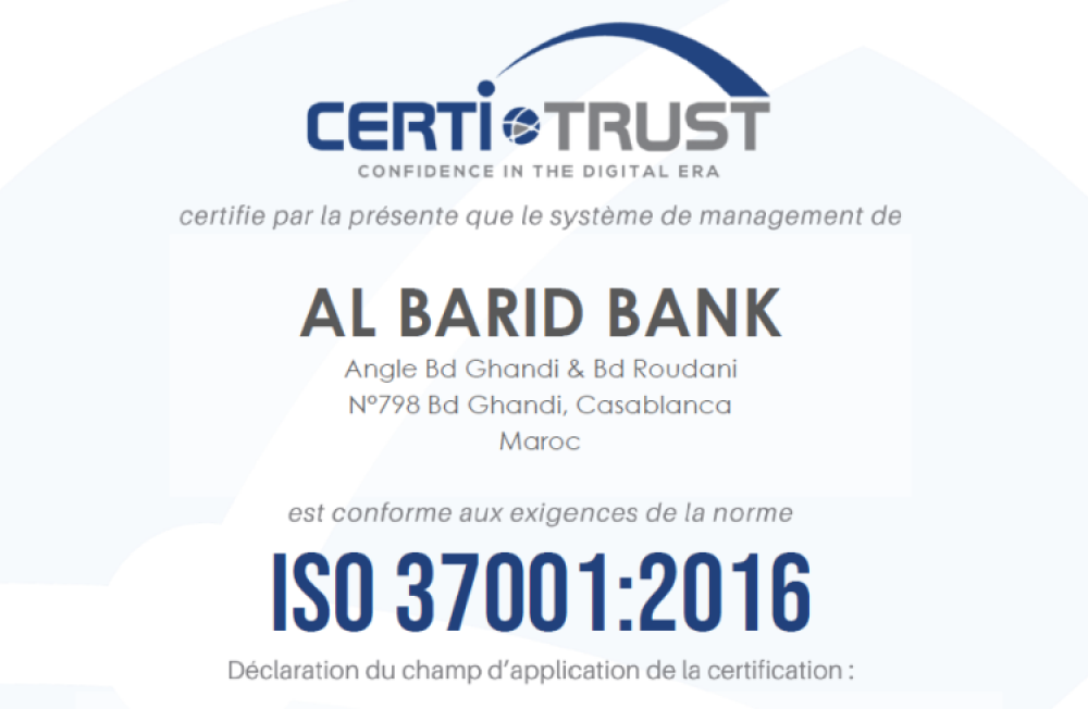 Al Barid Bank obtient la certification ISO 37001 pour son système de management anti-corruption