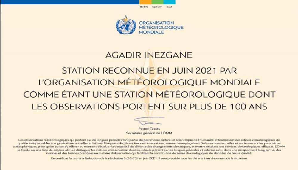 La station météorologique Agadir-Inzegane reconnue par l’OMM comme station météorologique centenaire